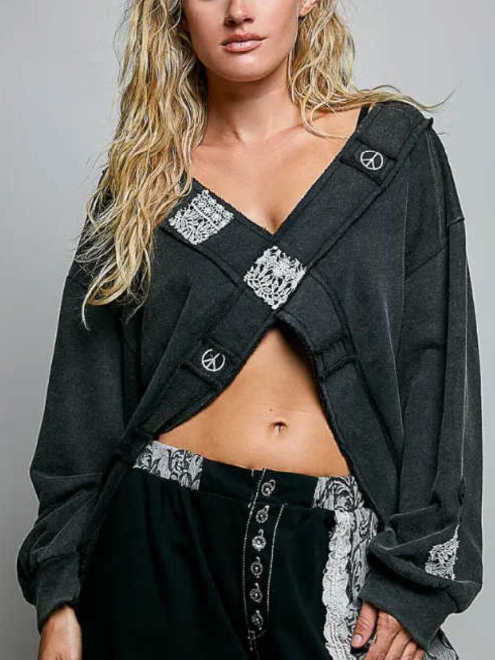 V-Neck Crochet Patch Cross Wrap Cropped Terry Top - BLACK